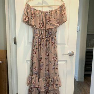 Love, Fire Off The Shoulder Maxi Dress Pink Floral S/P